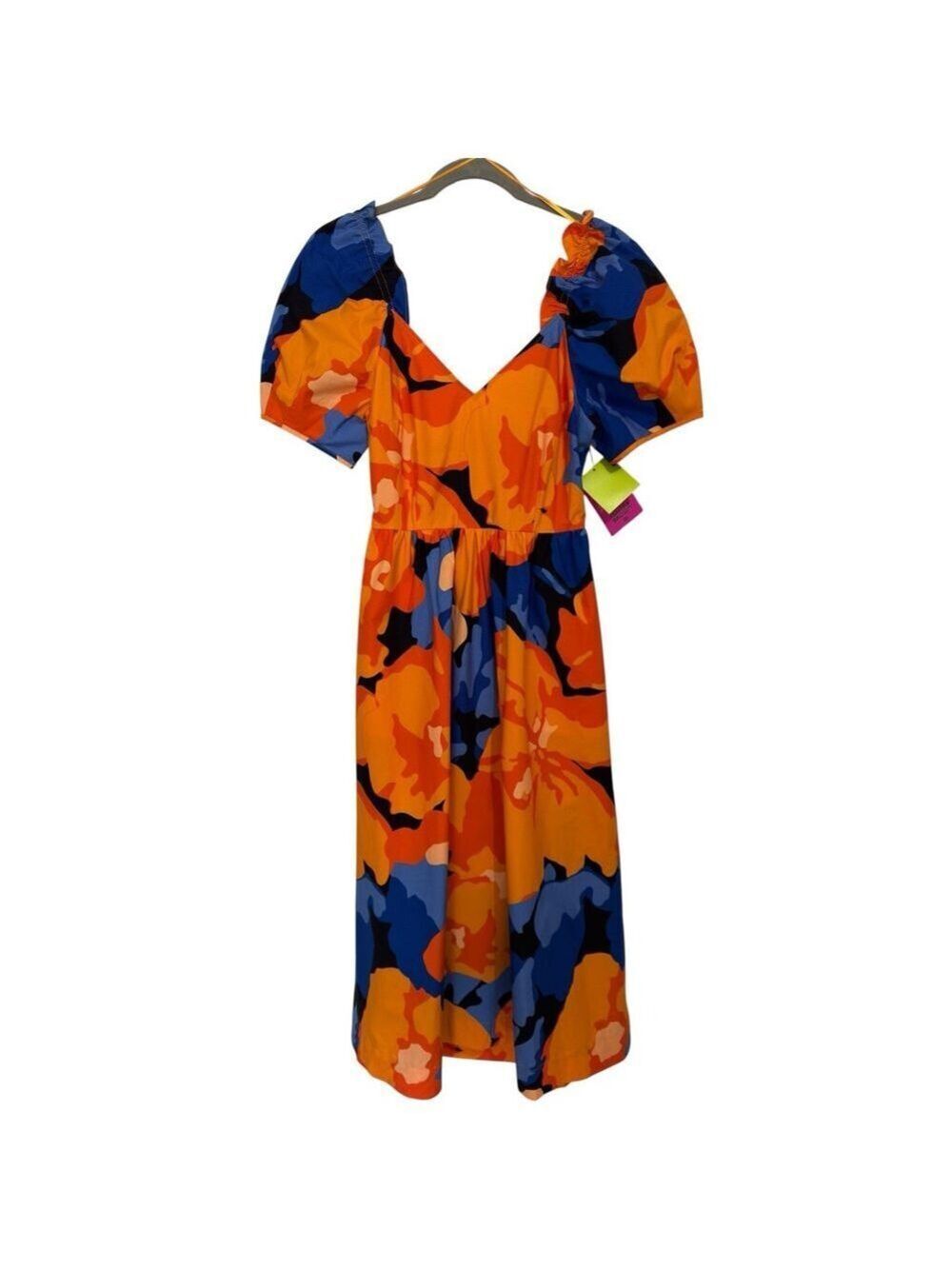 NWT Tabitha Brown Target Midi Dress Sz 6 Floral Puff Sleeve Tie-Back Orange Blue